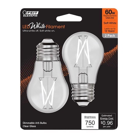 Feit Electric Feit White A15 E26 (Medium) Filament LED Bulb Soft White 60 Watt Equivalence 2 pk BPA1560927WFIL2